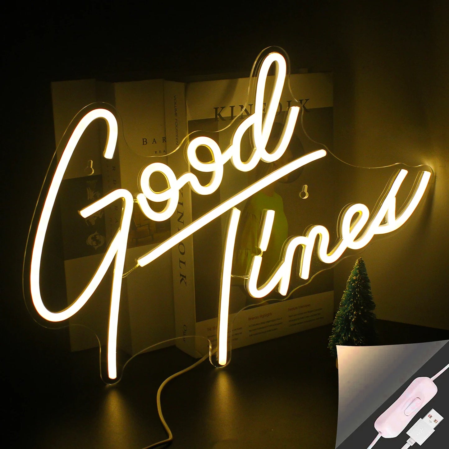 De afbeelding toont een levendig "Good Times" LED-neonbord, met precisie handgemaakt.