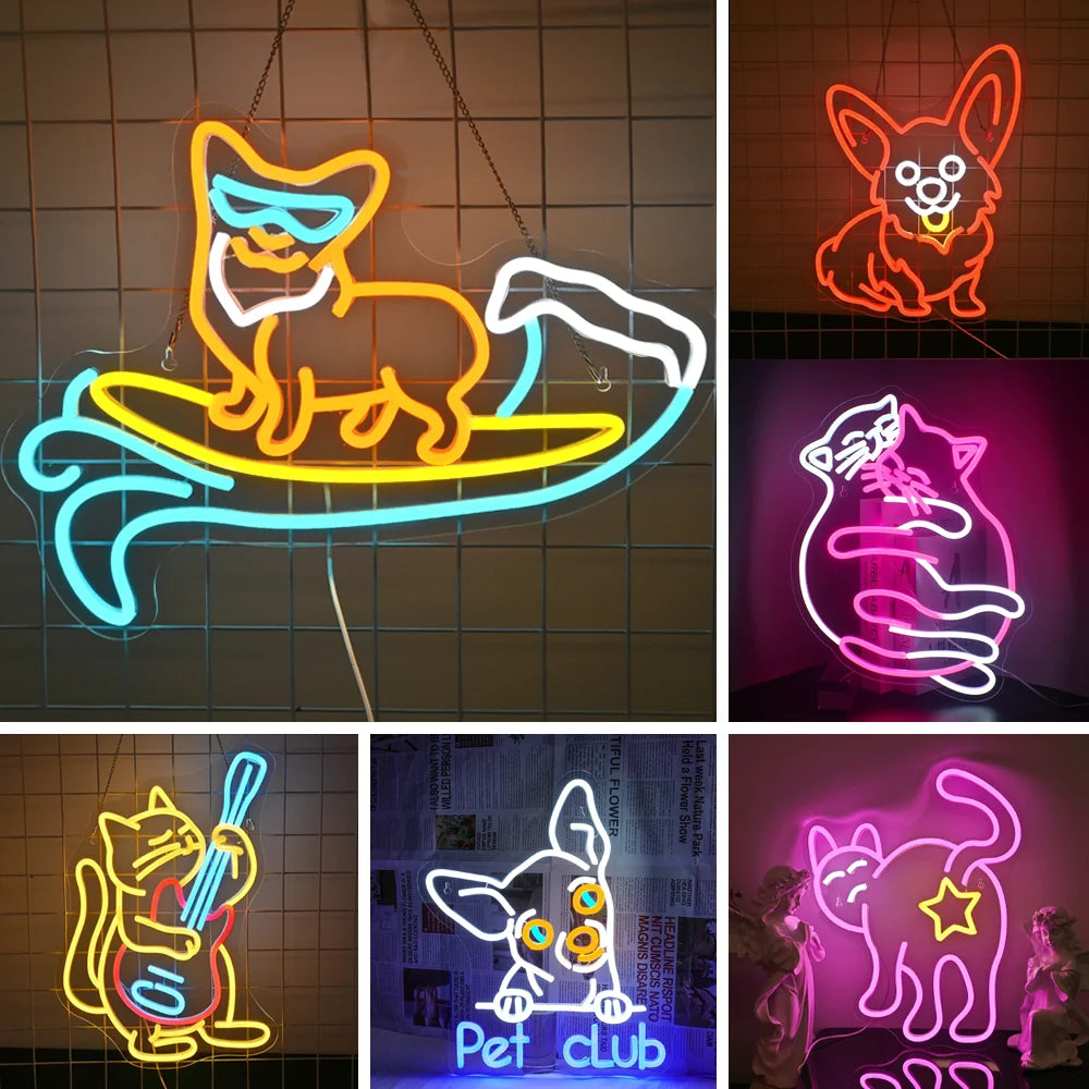 Op de afbeelding staat een handgemaakt LED-neonbord in de vorm van een corgihond, voorzien van levendige neonlichten.