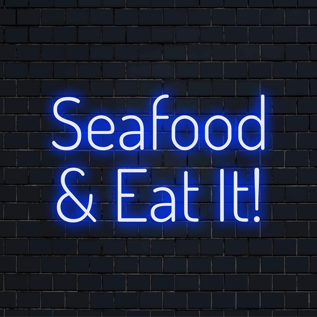 Levendig LED-neonbord met de tekst 'Zeevruchten en eet het op!', perfect om een vleugje humor en stijl aan elke ruimte toe te voegen.