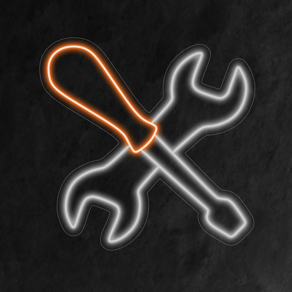 Met het neonbord "Service Tool" wordt uw werkplek verlicht met een dynamische weergave van essentiële gereedschappen. Het symboliseert vakmanschap en precisie.