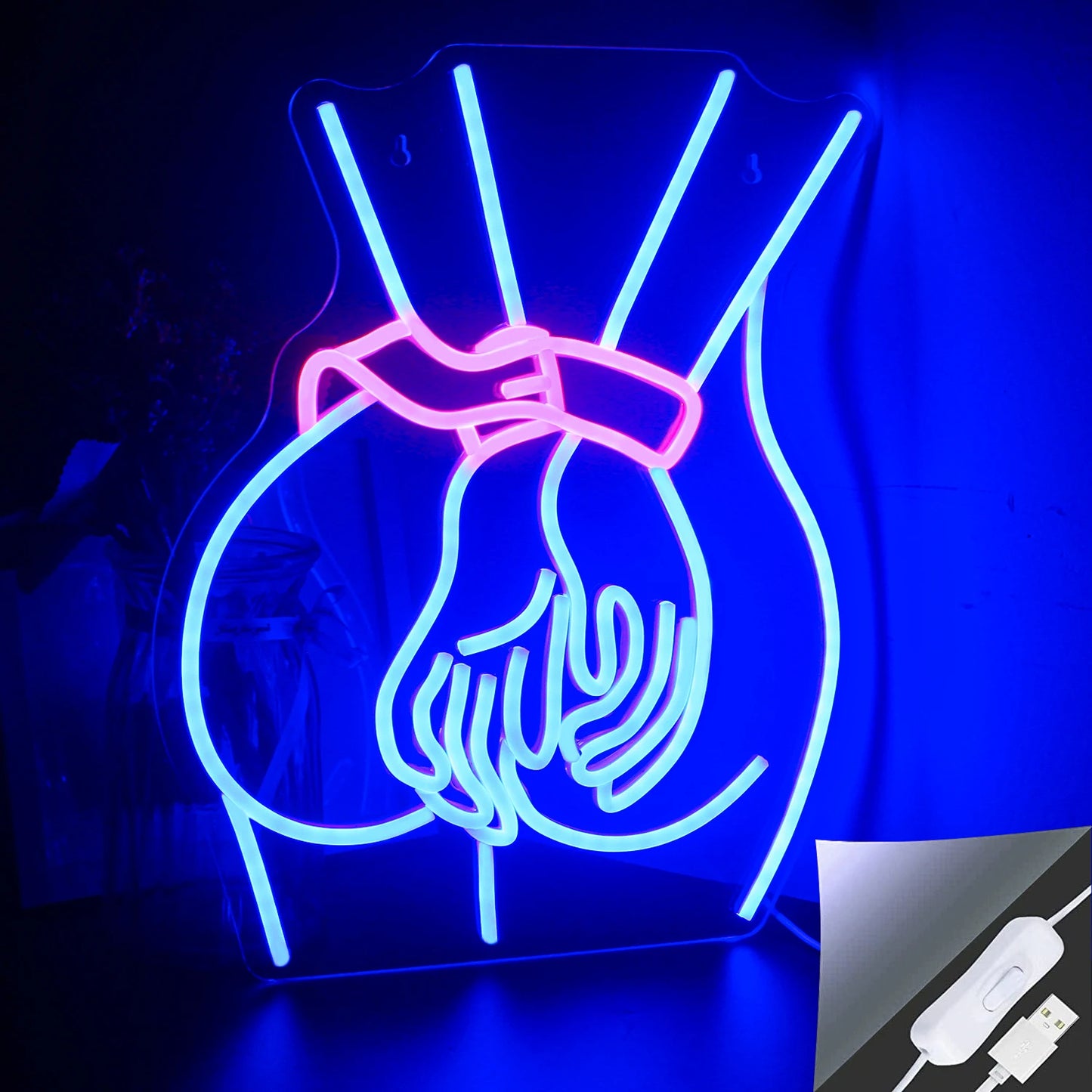 Een levendig LED-neonbord met het silhouet van een vrouwenlichaam.