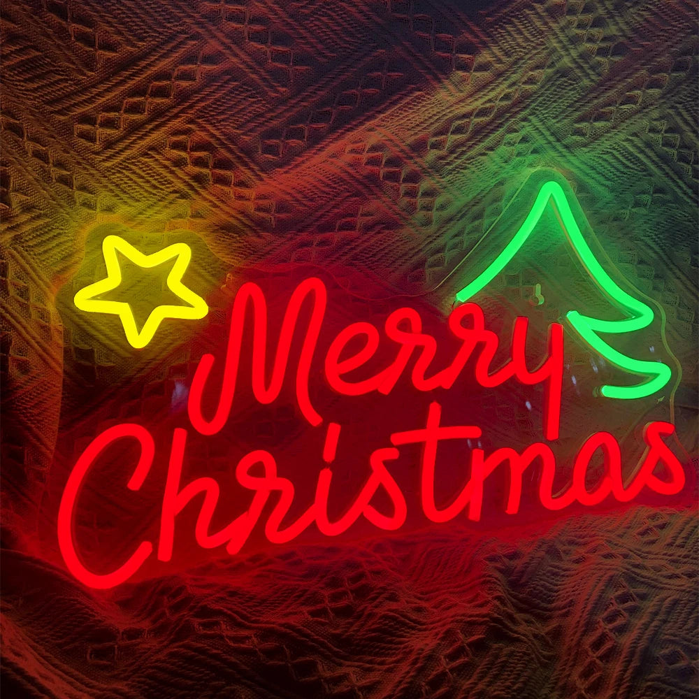 Op de afbeelding staat een levendig LED-neonbord met de tekst "Merry Christmas".