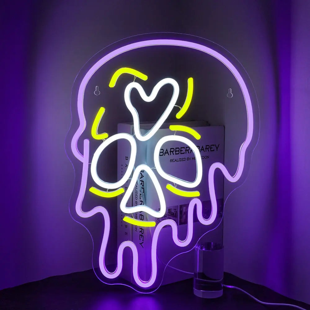 Een levendig LED-neonbord in de vorm van een skelet.