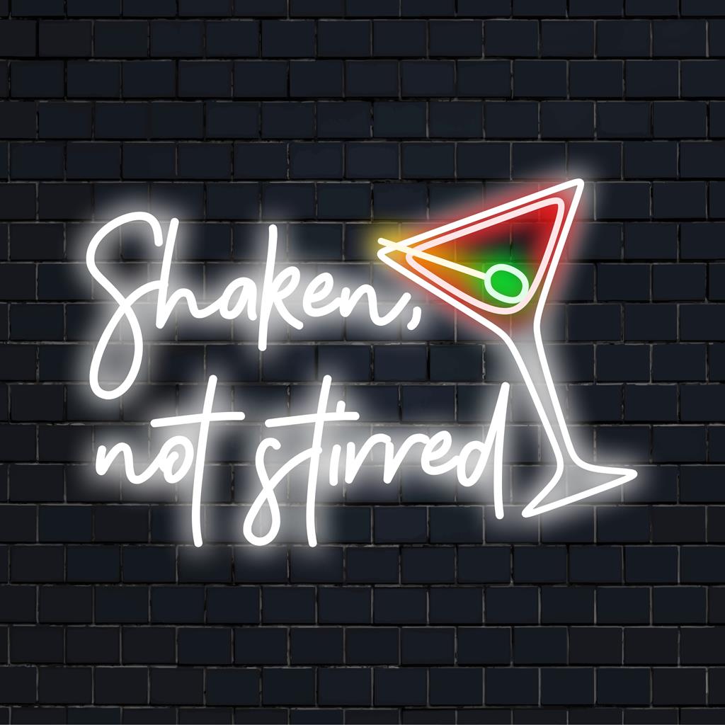Levendig LED-neonbord van Shaken, Not Stirred; perfecte mix van stijl en humor in een uniek neonlichtdecor.