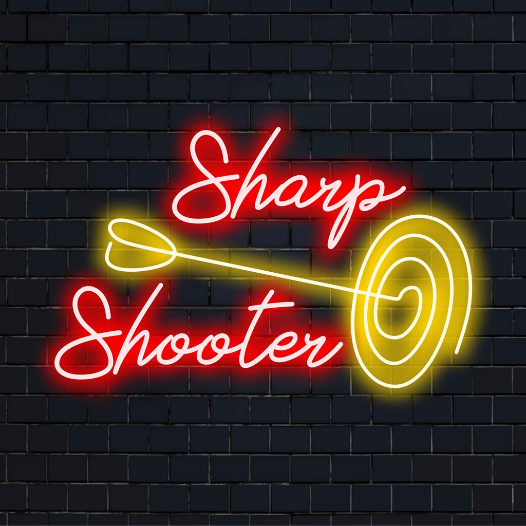 Het levendige LED-neonbord met de naam Sharp Shooter voegt met zijn opvallende gloed een vleugje pit toe aan elke ruimte. Het is de ideale neonmuurkunst en decoratie op maat.