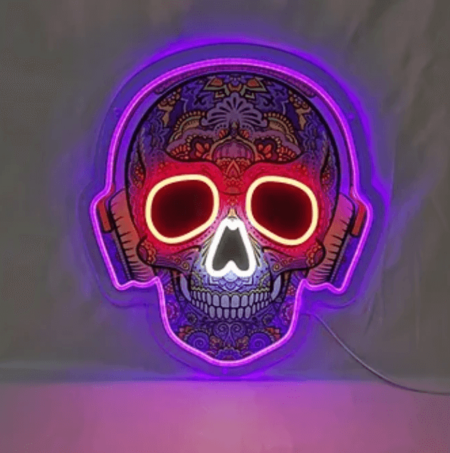Schedel met koptelefoon UV-print LED neonreclame - The Art Neon
