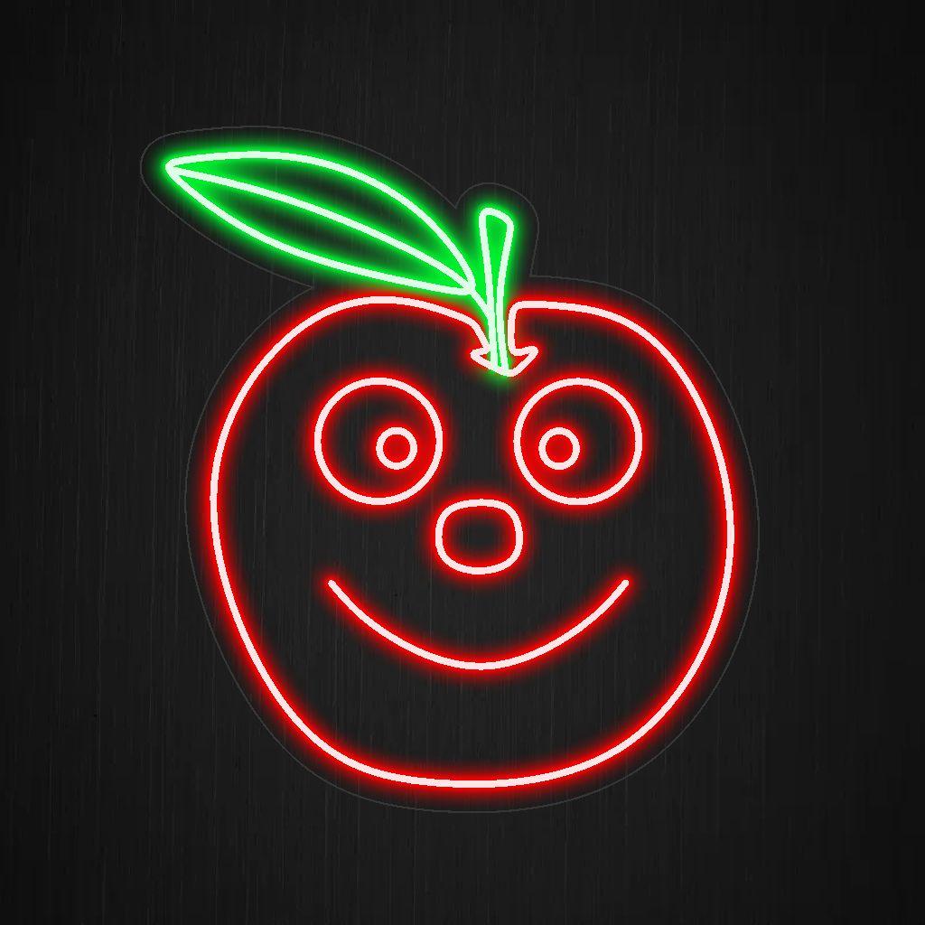 Een verlicht neonbord met een lachende appel, die geluk uitstraalt en een vleugje fruitig genot toevoegt aan elke ruimte