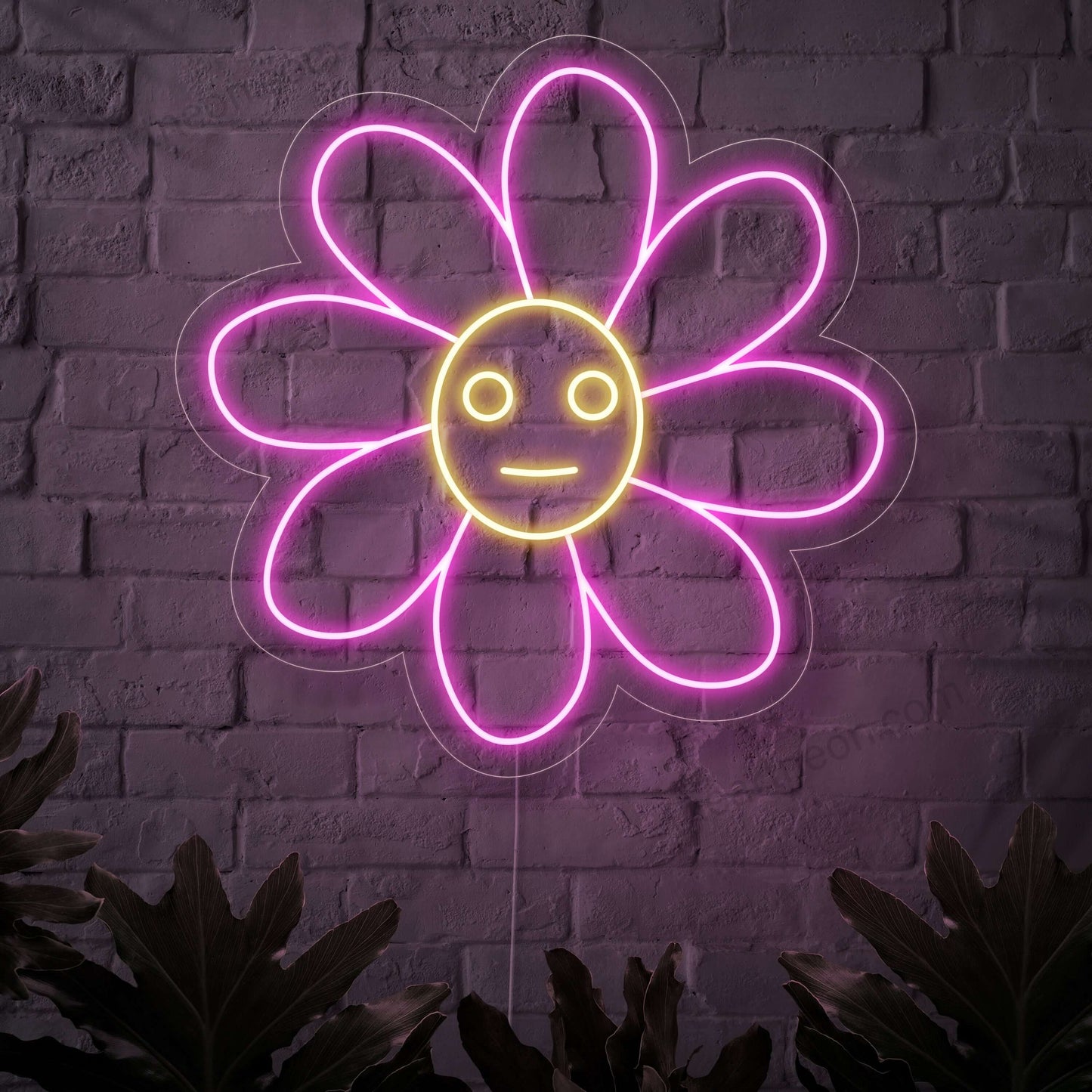 Een verlicht neonbord met een vrolijke, lachende bloem, dat een vleugje natuur en bloemencharme in elke ruimte brengt