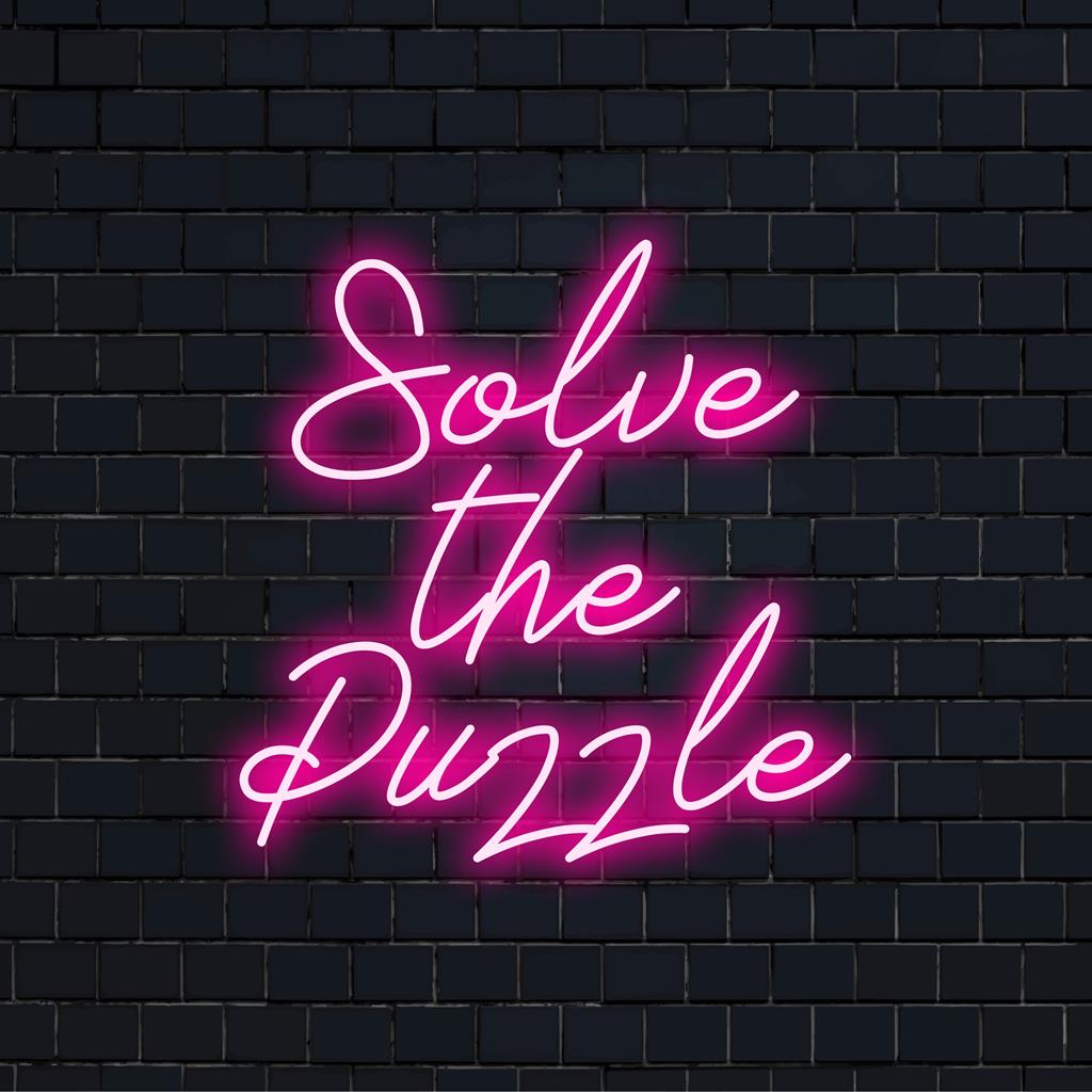 Op maat gemaakt LED-neonbord met de tekst 'Solve The Puzzle' in levendige kleuren, perfect voor unieke neonmuurkunst en decoratie.