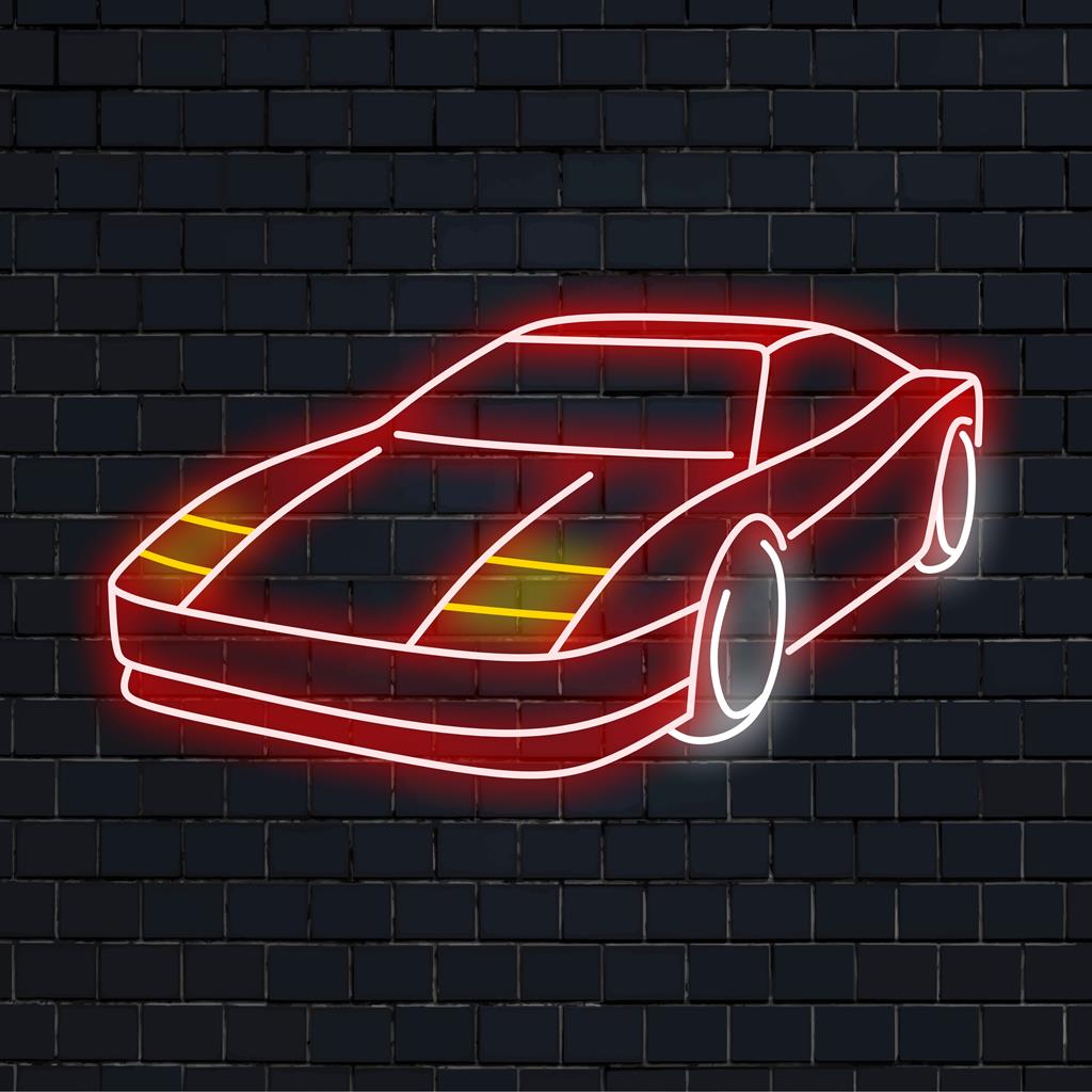 Strak LED-neonbord van een sportwagen, ideale neonverlichting voor autoliefhebbers en gepersonaliseerde ruimtes.