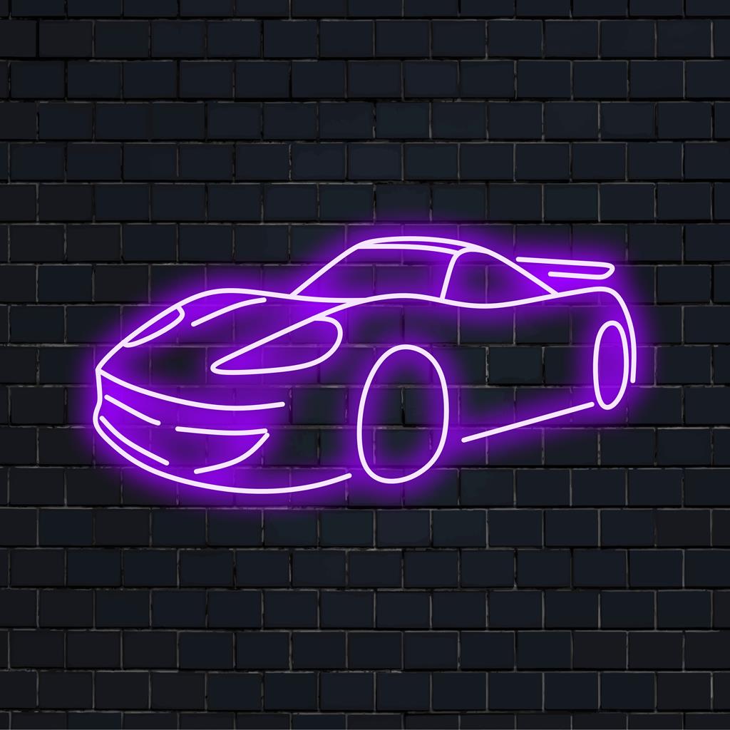 Sportwagen 3 LED-neonreclame in de vorm van een strakke auto; perfecte neonmuurkunst voor autoliefhebbers.