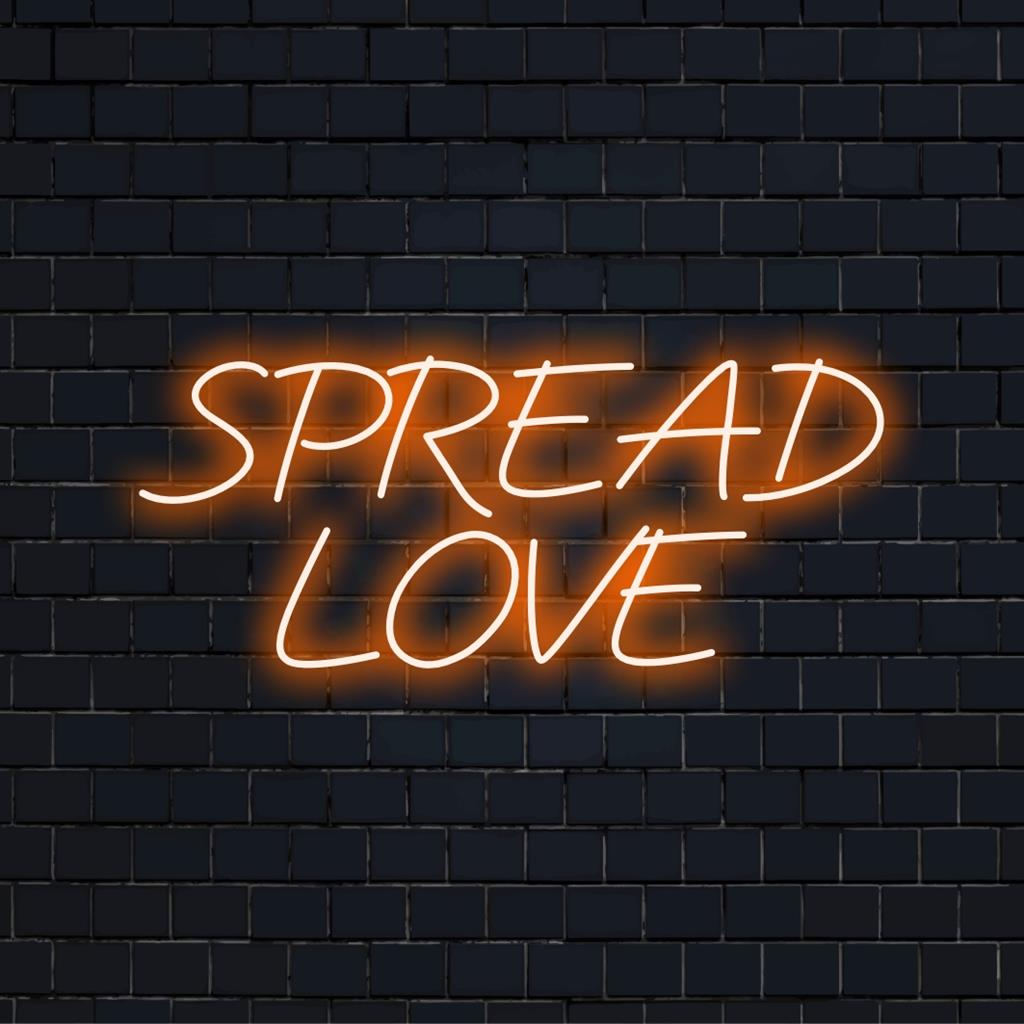 Een gepersonaliseerd LED-neonbord met de tekst Spread Love dat warm oplicht. Perfect voor neonverlichting en sfeer.