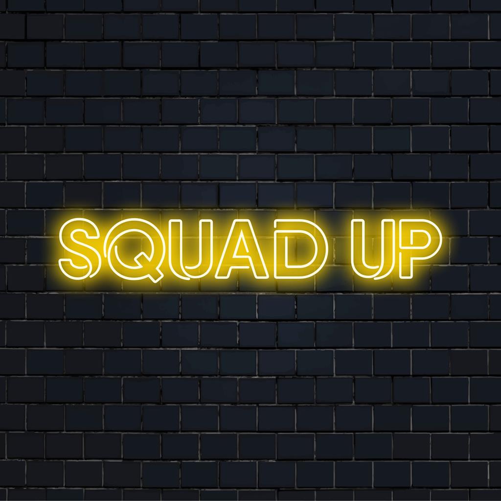 LED-neonreclame met Squad Up in opvallende letters; perfect voor groepsruimtes of evenementen. Energieke en aanpasbare neondecoratie.
