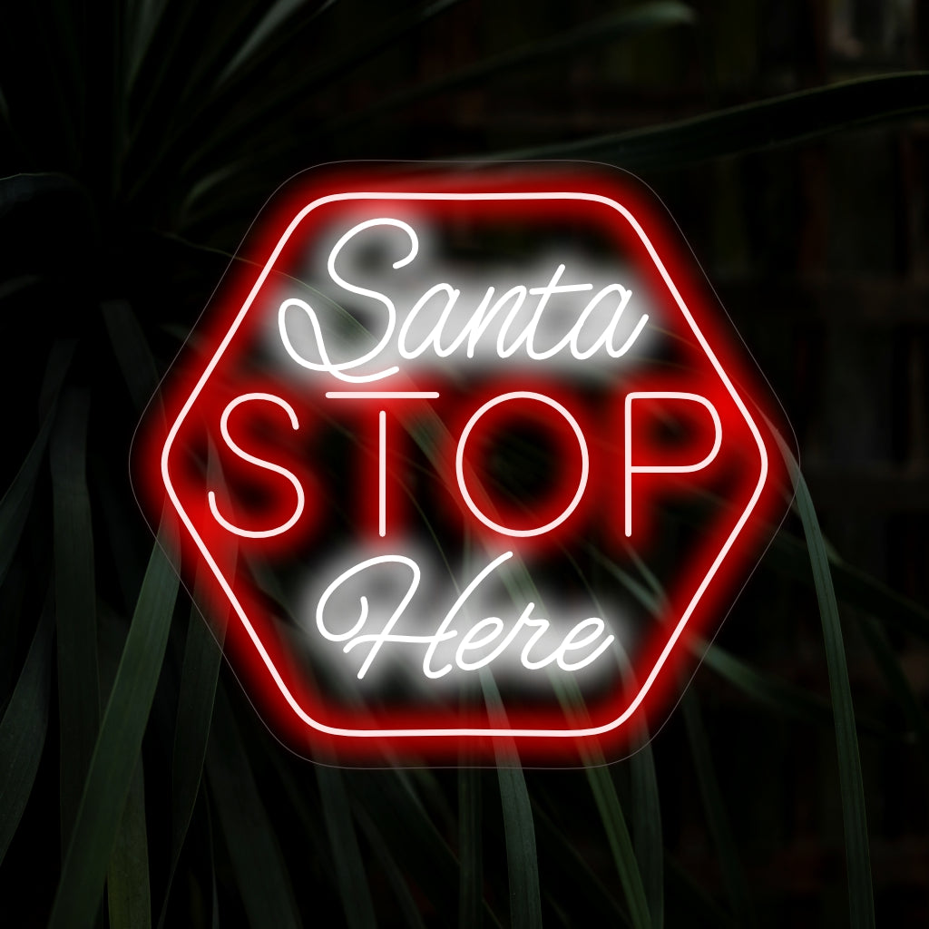 "Stop Santa Here Neon Sign" zorgt met zijn speelse boodschap voor een vrolijke kerstsfeer. Het zorgt voor een warme gloed en een vrolijke sfeer in uw kerstdecoratie.