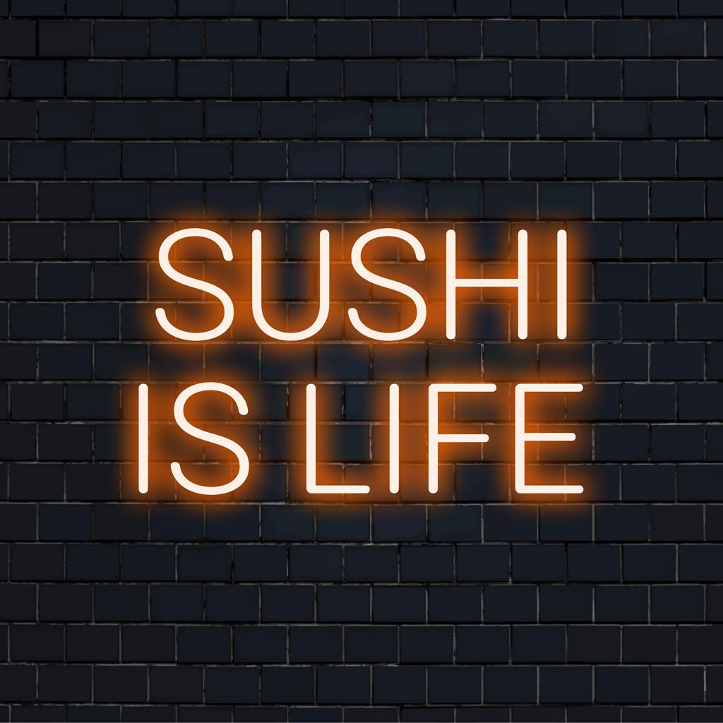 Levendig, op maat gemaakt LED-neonbord met de speelse tekst Sushi Is Life in een kleurrijk, artistiek neondisplay.