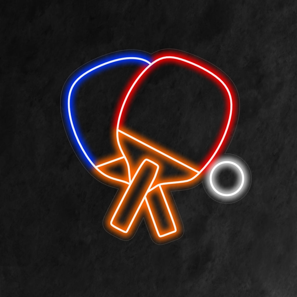 "Neonreclame voor tafeltennisrackets en -ballen" is een levendige en dynamische toevoeging aan uw sportinterieur. Een neonlicht dat de essentie van tafeltennis vastlegt.