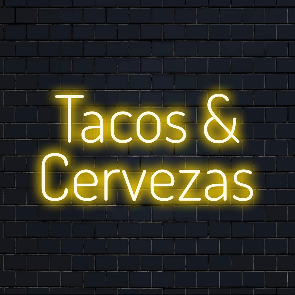 Tacos And Cervezas LED-neonreclame die oplicht in levendige kleuren, perfect voor een levendige inrichting, een op maat gemaakt neonkunstwerk voor liefhebbers.
