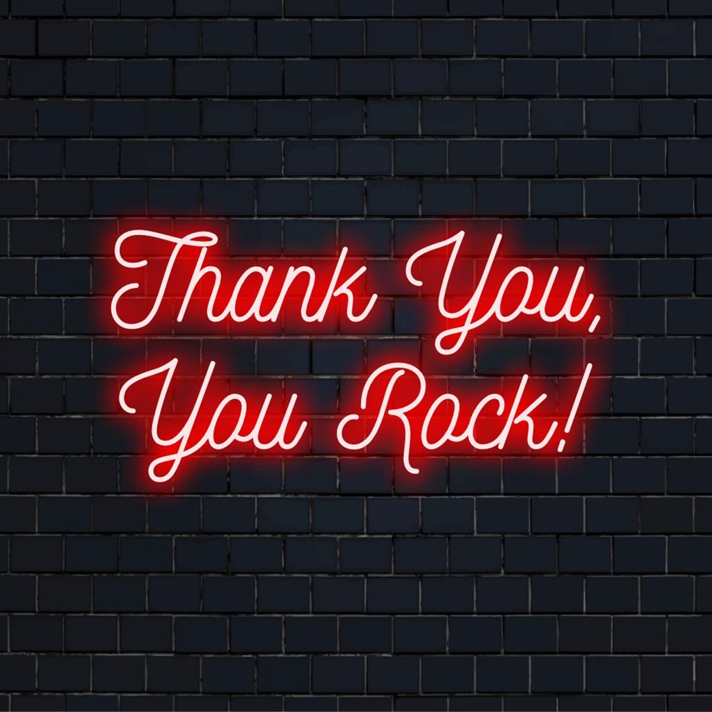 Een gepersonaliseerd neonbord met de tekst 'Thank You, You Rock!' in levendige led-verlichting, perfect voor een persoonlijke decoratie en unieke wandkunst.