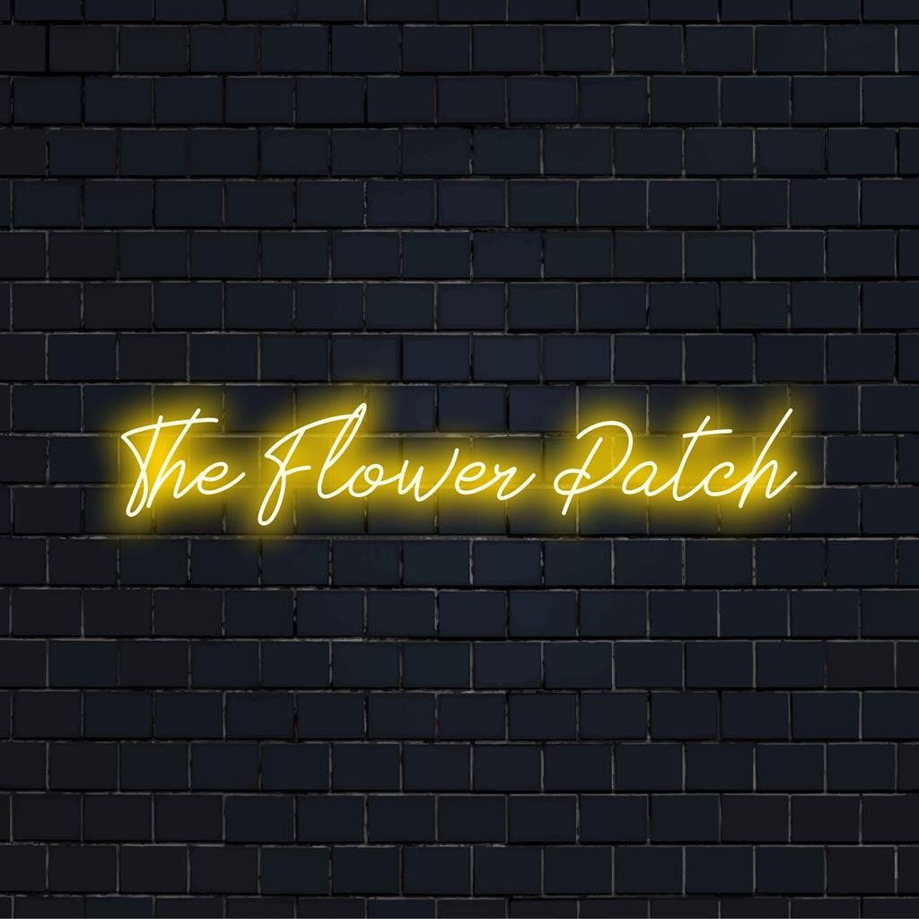 Op maat gemaakt LED-neonbord met de naam The Flower Patch; een levendige gloed die in elke ruimte past en uw stijl in neonverlichting laat zien.