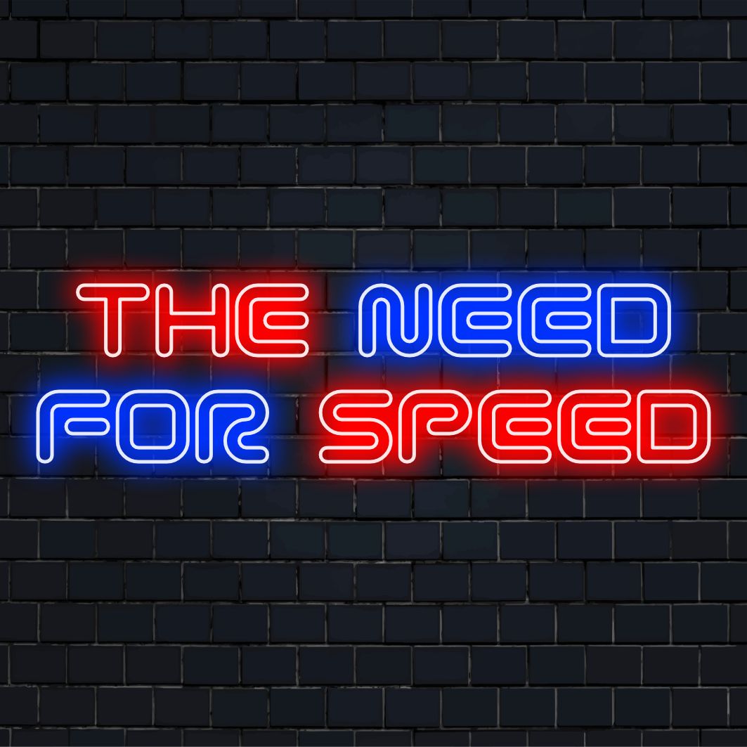 Op maat gemaakt LED-neonbord dat lijkt op het Need For Speed-logo; ideale dynamische neonmuurkunst voor autoliefhebbers.