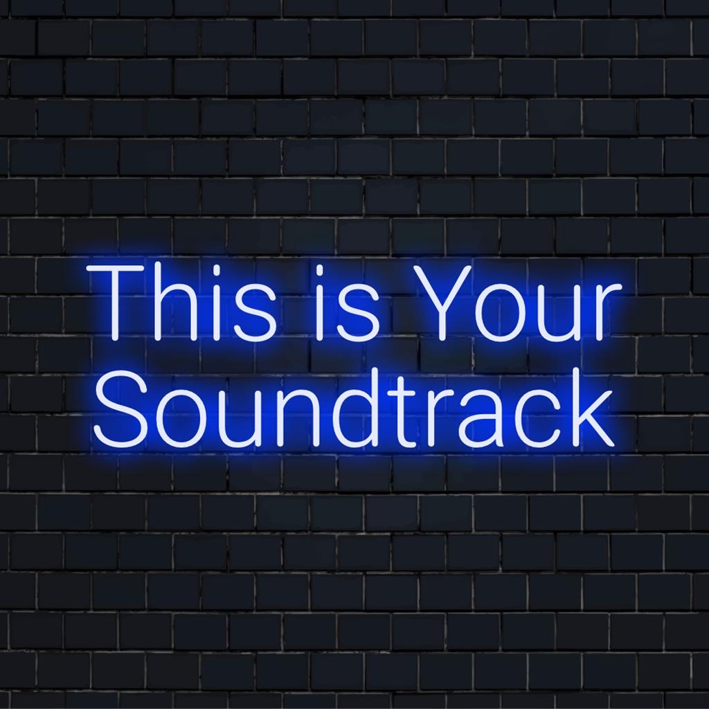 Een levendig LED-neonbord met de tekst This Is Your Soundtrack, perfect als gepersonaliseerde neonwandkunst of decoratie.