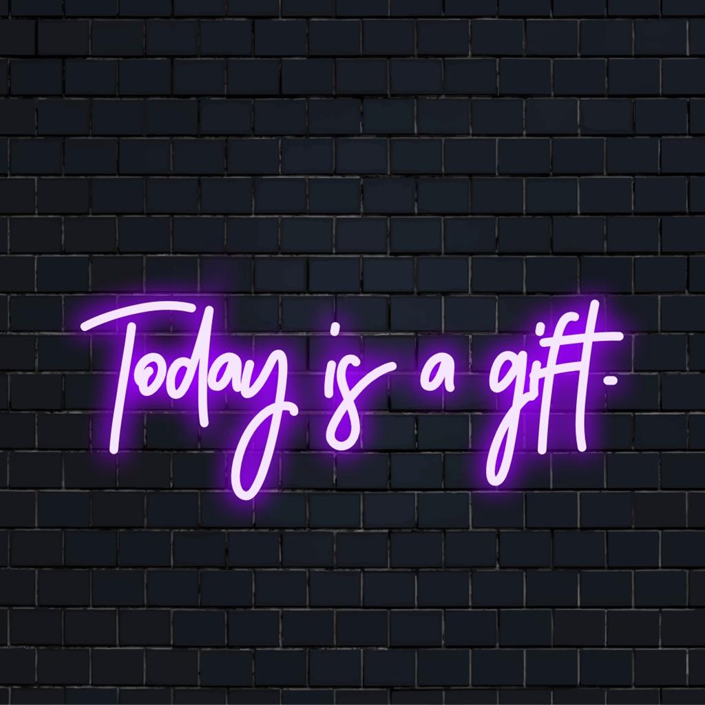 Afbeelding van Today Is A Gift, een op maat gemaakt LED-neonbord met oplichtende tekst, perfect voor een moderne woning of kantoorinrichting.