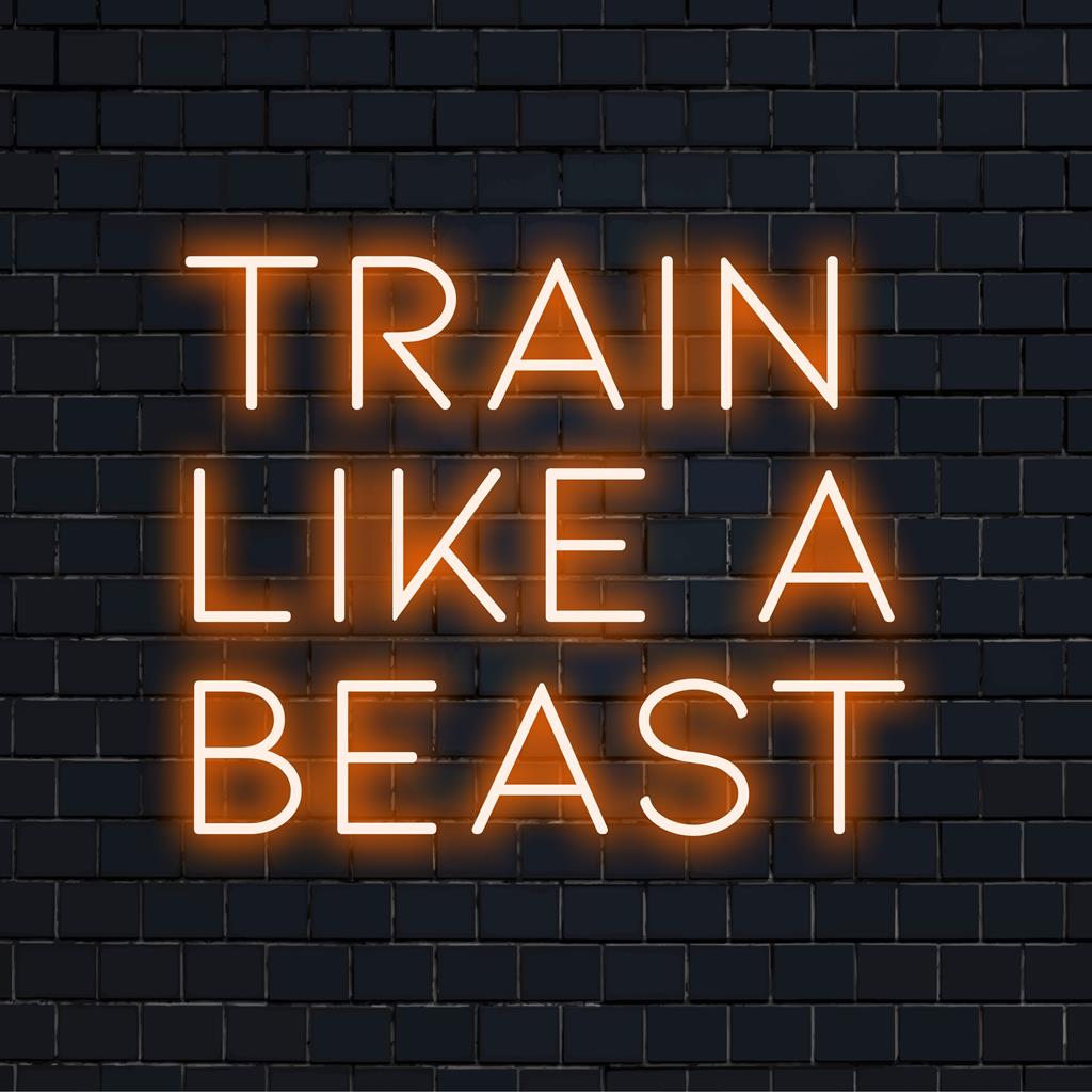 Op maat gemaakt LED-neonbord met de tekst Train Like A Beast, ideaal voor motivatie, als decoratie in de sportschool en om een inspirerende sfeer te creëren.
