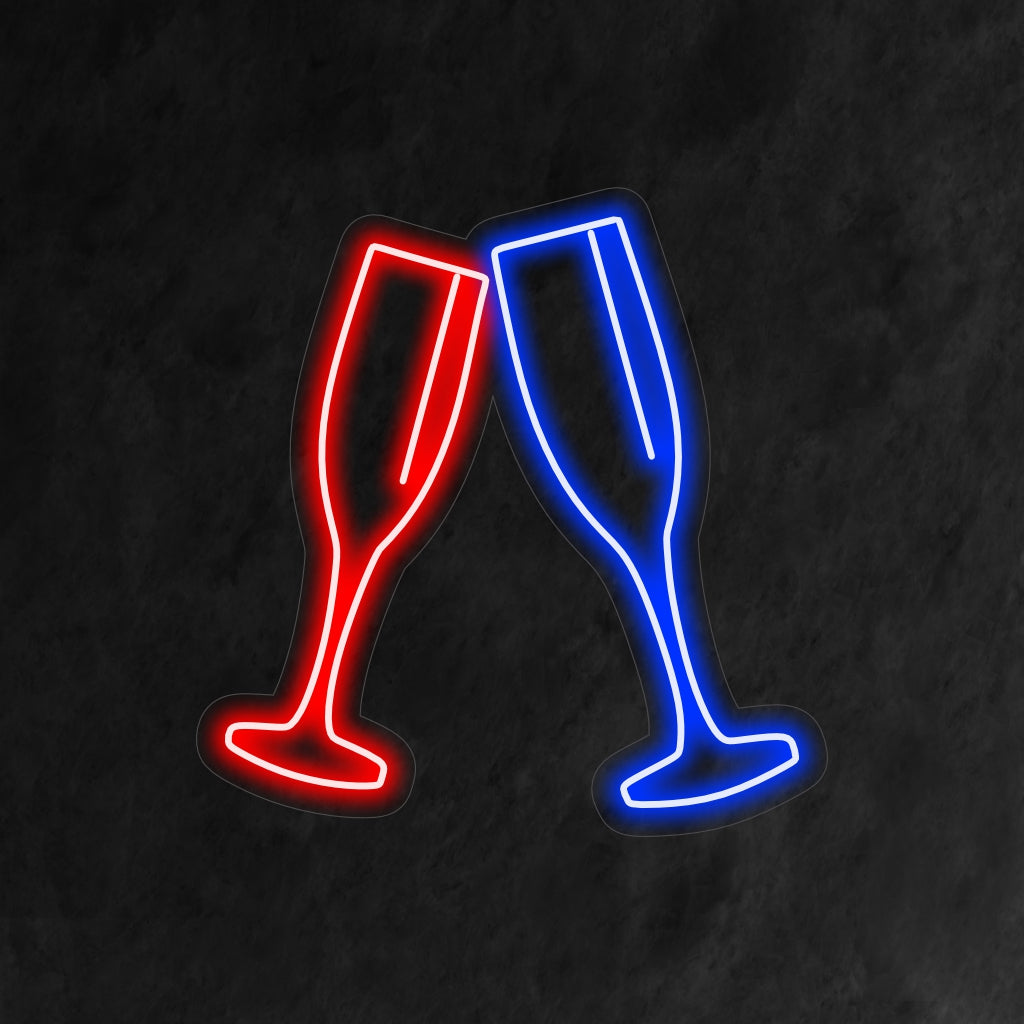 "Neonreclame met twee champagneglazen" is een stijlvolle en feestelijke toevoeging aan uw interieur. Een neonlicht dat elegantie en toasts op speciale gelegenheden symboliseert.