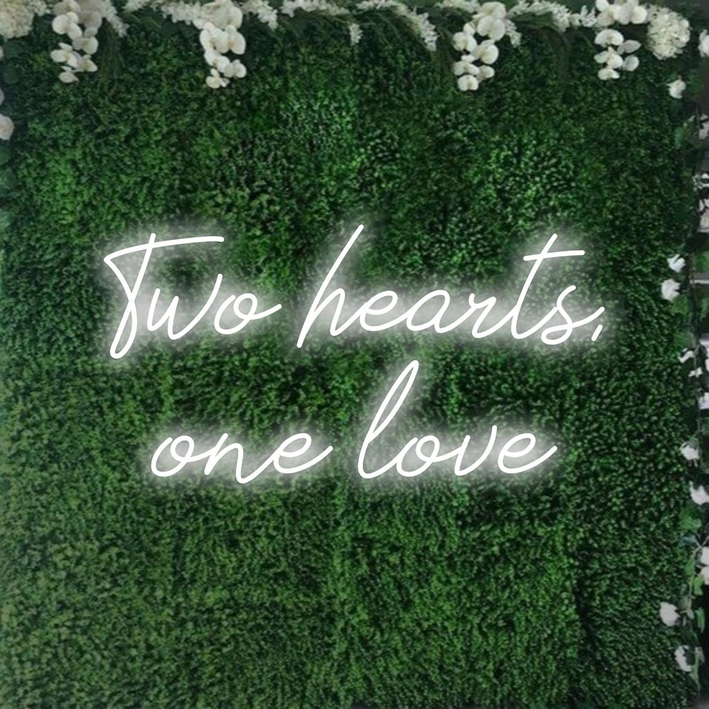 Op maat gemaakt LED-neonbord met twee in elkaar verstrengelde harten en de tekst One Love in elegant lettertype; neonkunst voor aan de muur.