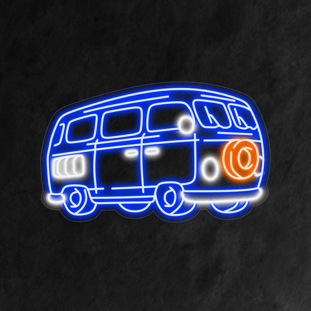 "Vintage Van Neon Sign" roept een retrogevoel en avontuur op met zijn klassieke silhouet, verlicht door een warme en nostalgische gloed.