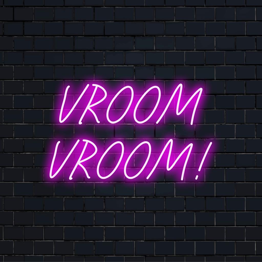 Vroom Vroom! Een op maat gemaakt LED-neonreclamebord dat ruimtes verlicht met een strak design, perfect voor een levendige inrichting en unieke stijl.
