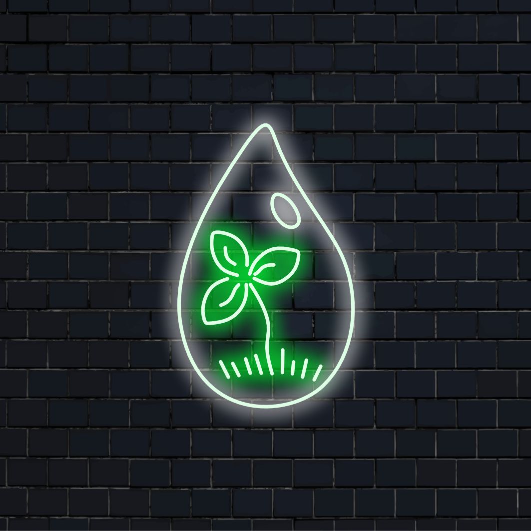 "Waterdruppel en spruit met bladeren Neon Sign" is een door de natuur geïnspireerde en verfrissende toevoeging aan je interieur. Een neonlamp die de essentie van groei en vitaliteit vastlegt.