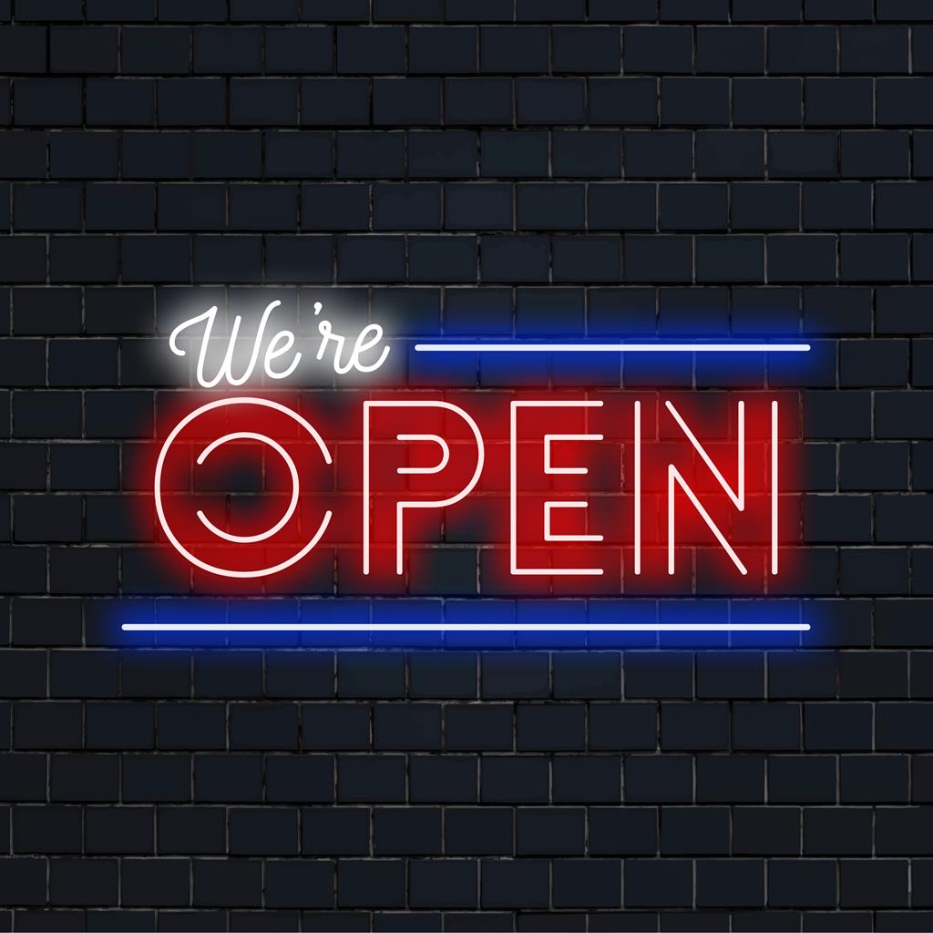 Aanpasbaar We're Open LED-neonbord; ideaal voor een gastvrije uitstraling. Neonverlichting om elke bedrijfsruimte op te fleuren.
