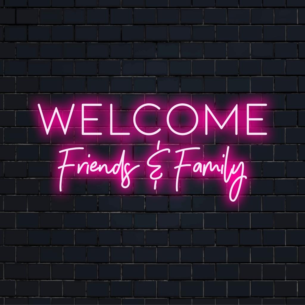 Op maat gemaakt LED-neonbord met de tekst Welkom, Vrienden, Familie; perfect om elke ruimte een persoonlijk tintje te geven. Neonlichtdecoratie.