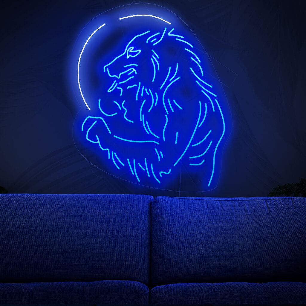 Een verlicht neonbord met een weerwolfsilhouet tegen een volle maan, dat een gevoel van mysterie oproept en een vleugje Halloween-charme aan elke ruimte toevoegt