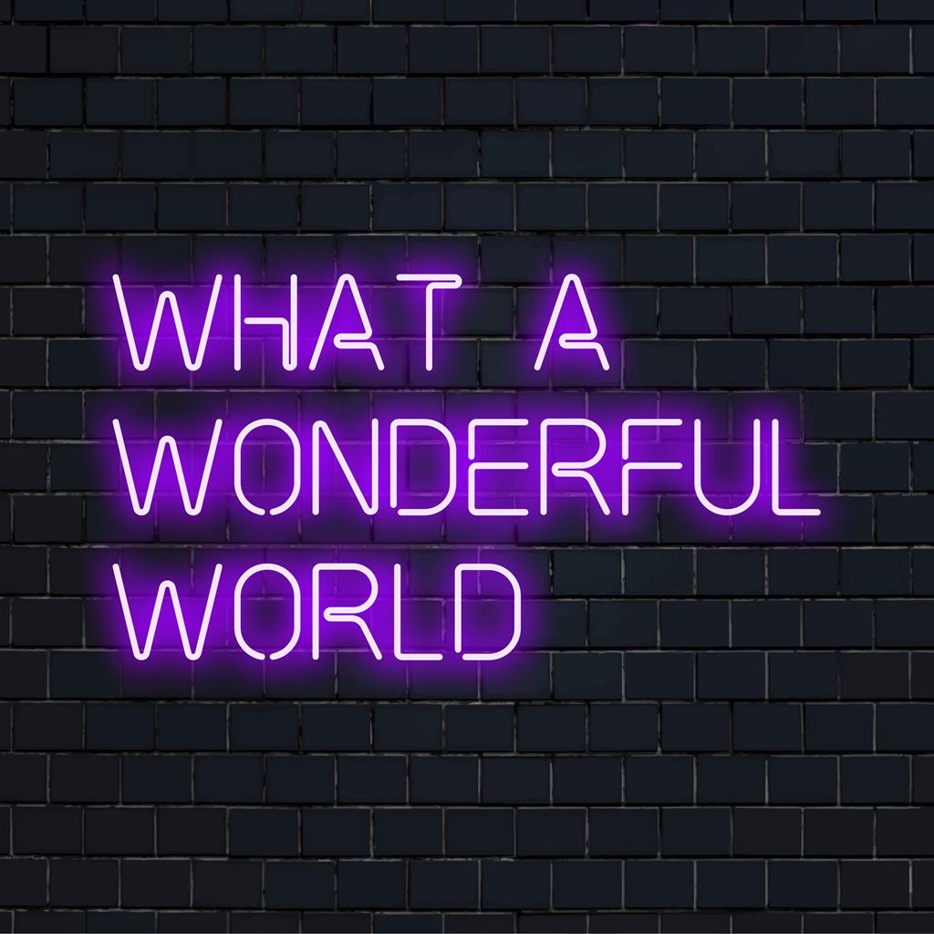Een oplichtend LED-neonbord met de tekst 'What A Wonderful World' verlicht ruimtes met op maat gemaakte neonkunst en gepersonaliseerde lichtdecoraties.
