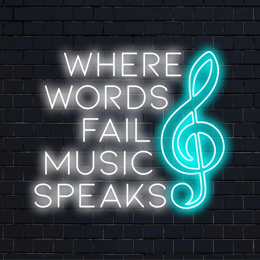 Verlichte boodschap in gloeiende ledlampjes: Waar woorden tekortschieten, spreekt muziek. Een boeiend neonbord met een diep, expressief design.