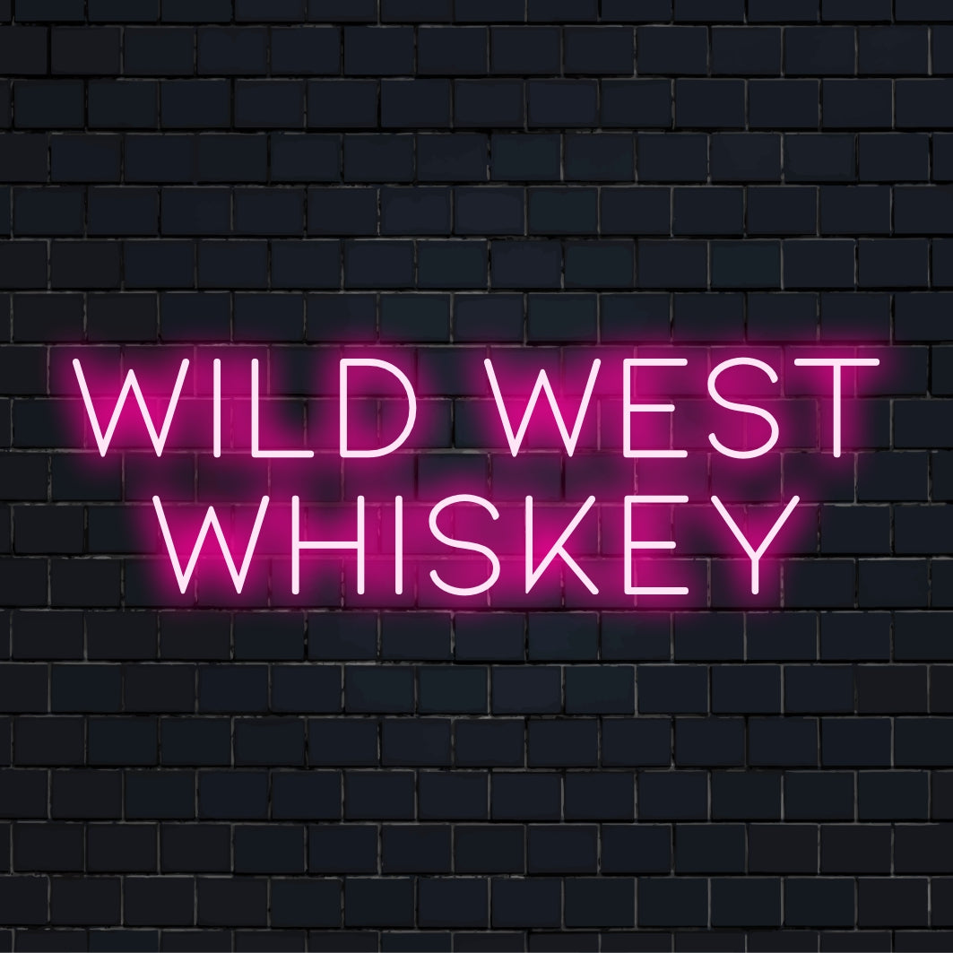 Op maat gemaakt LED-neonbord met whisky uit het Wilde Westen, geaccentueerd in klassieke Westernstijl. Ideaal neondecor voor elke themaruimte.