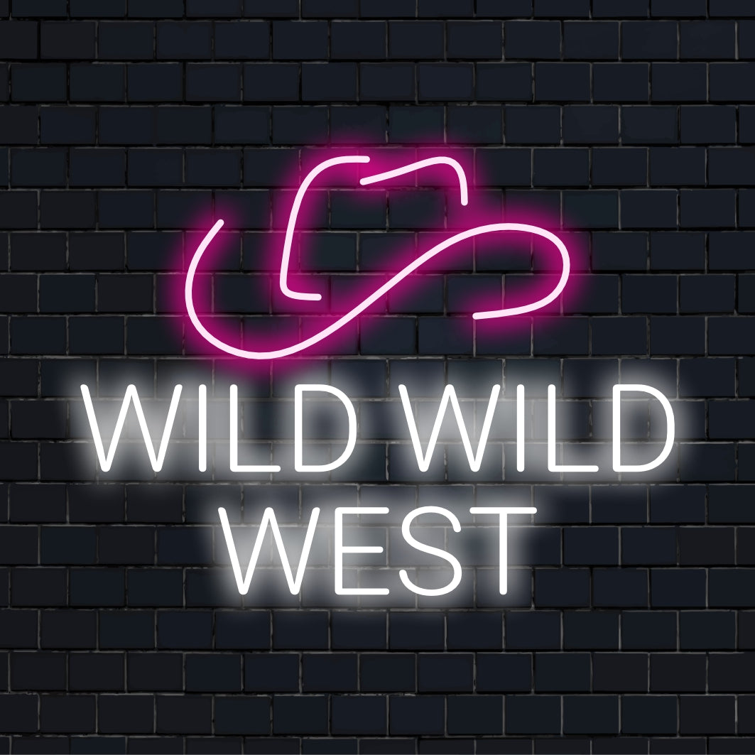 LED-bord met de tekst Wild Wild West Cowboy Hat; een perfecte combinatie van neonkunst en rustieke charme voor uw ruimte.