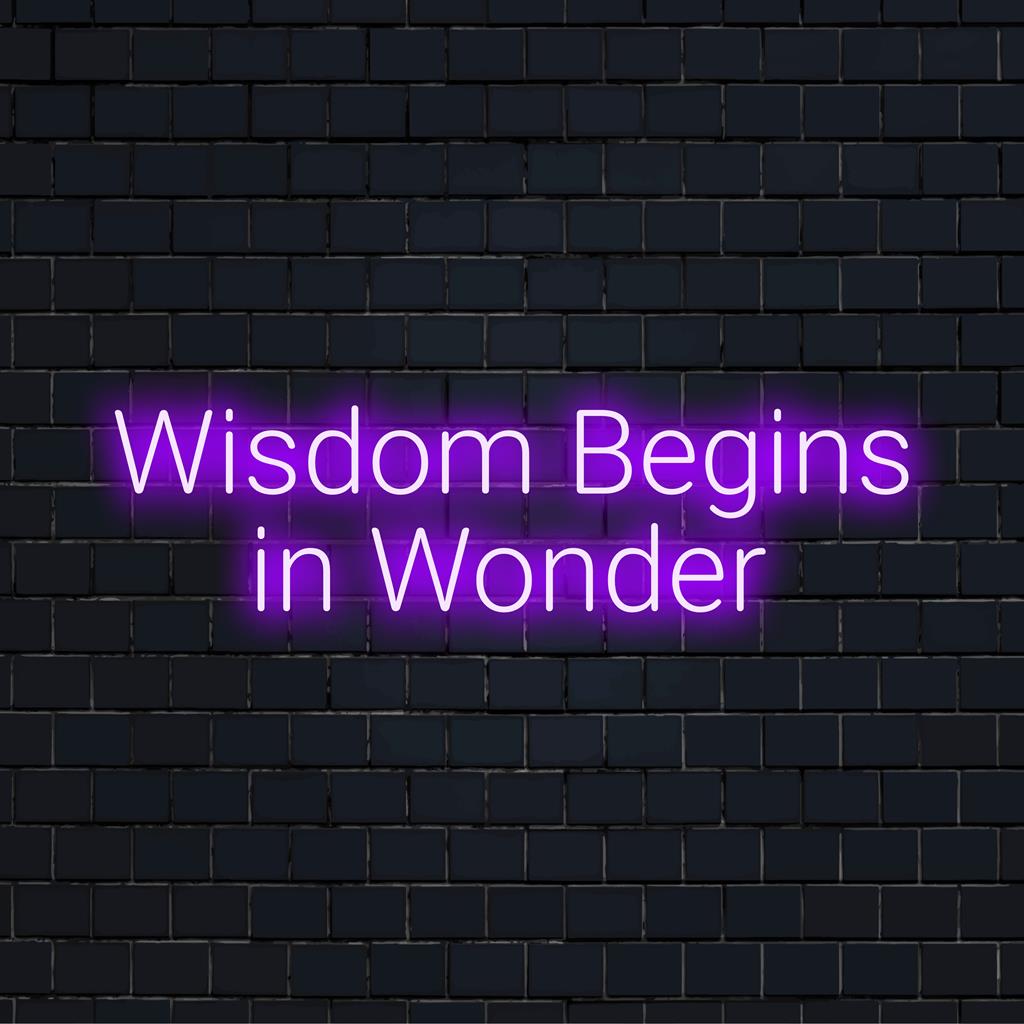 Aangepast LED-neonbord: Wisdom Begins In Wonder, gloeiend in lichtgevende tinten, perfect voor een inspirerende inrichting.