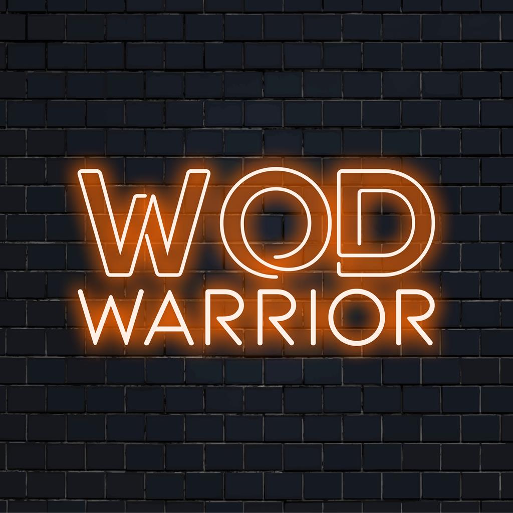 LED-neonbord met de tekst Wod Warrior in opvallende letters; ideaal voor liefhebbers van gepersonaliseerde neoncitaten.