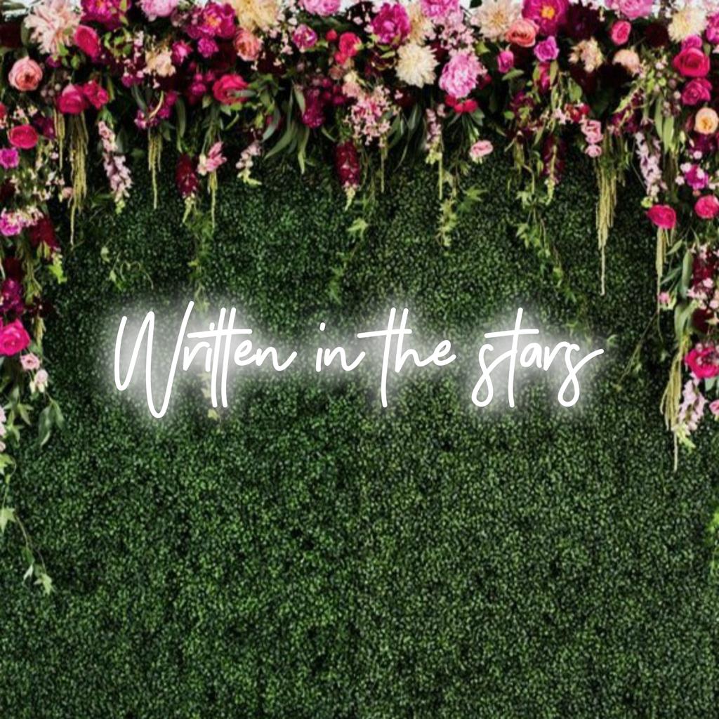 Op maat gemaakt 'Geschreven in de sterren' LED-neonbord; handgemaakte neonkunst, perfect voor een gepersonaliseerde decoratie.