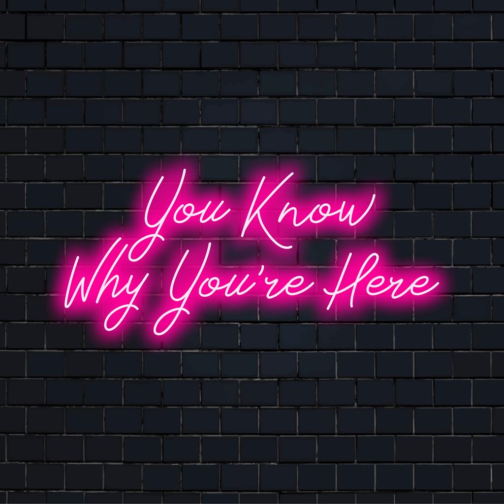 Een op maat gemaakt LED-neonbord met de tekst 'You Know Why You're Here', ideaal voor levendige interieurs of unieke bewegwijzering.