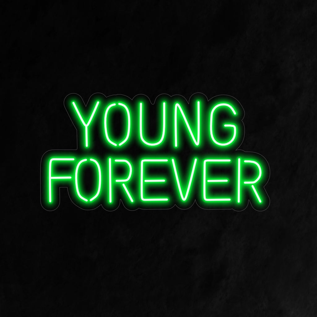 "Young Forever Neon Sign" straalt een levendige en zorgeloze gloed uit en creëert een sfeer die de vreugde en de geest van eeuwig jong blijven in uw ruimte viert.