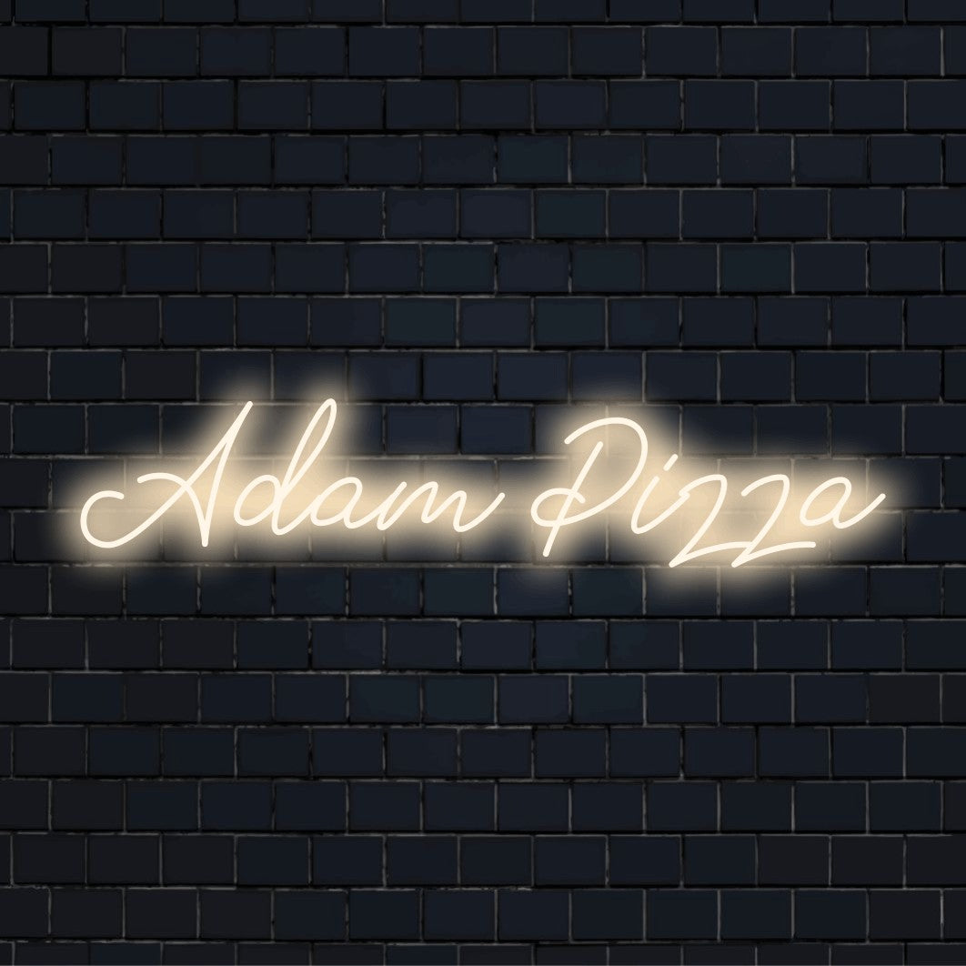 Adam Pizza Personalized LED Neon Sign, bright neon lettering on dark brick wall