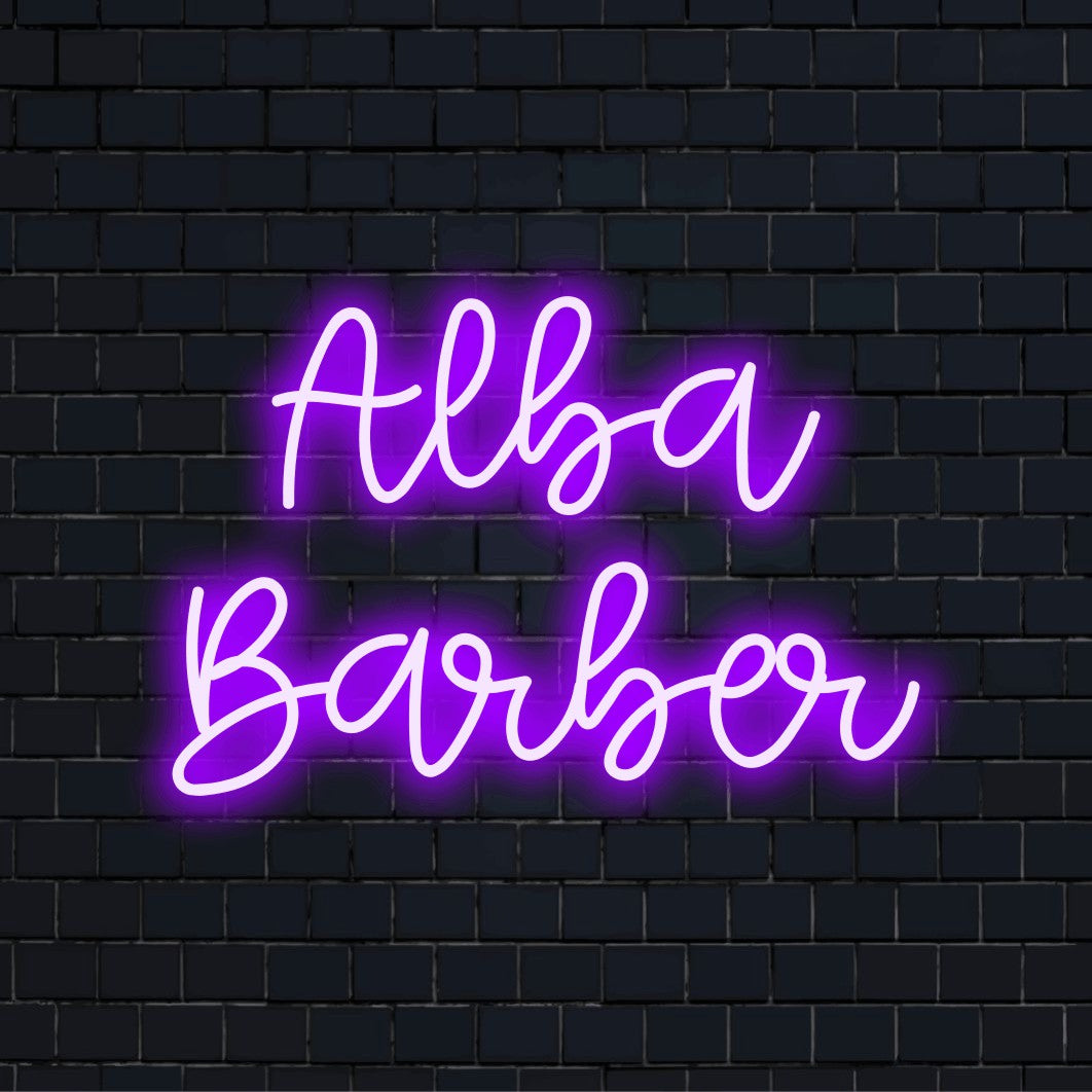 Alba Barber Custom Name Neon Sign, neon text light on dark brick background