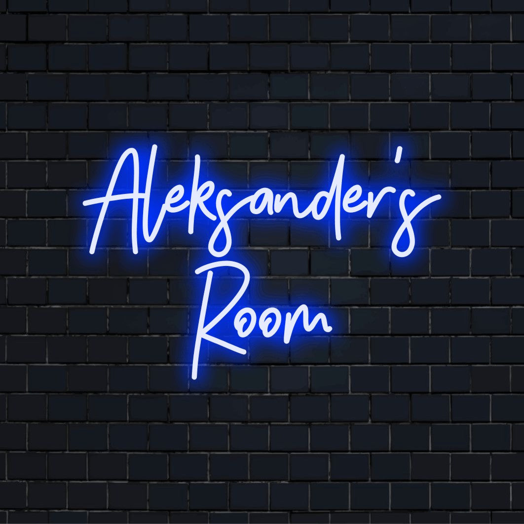 Aleksander_s Room Custom Name Neon Sign, neon text light on dark brick background