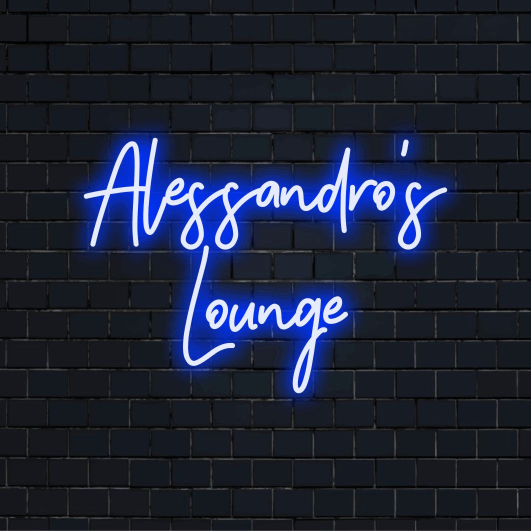 Alessandro_s Lounge Personalized LED Neon Sign, bright neon glow on black brick background