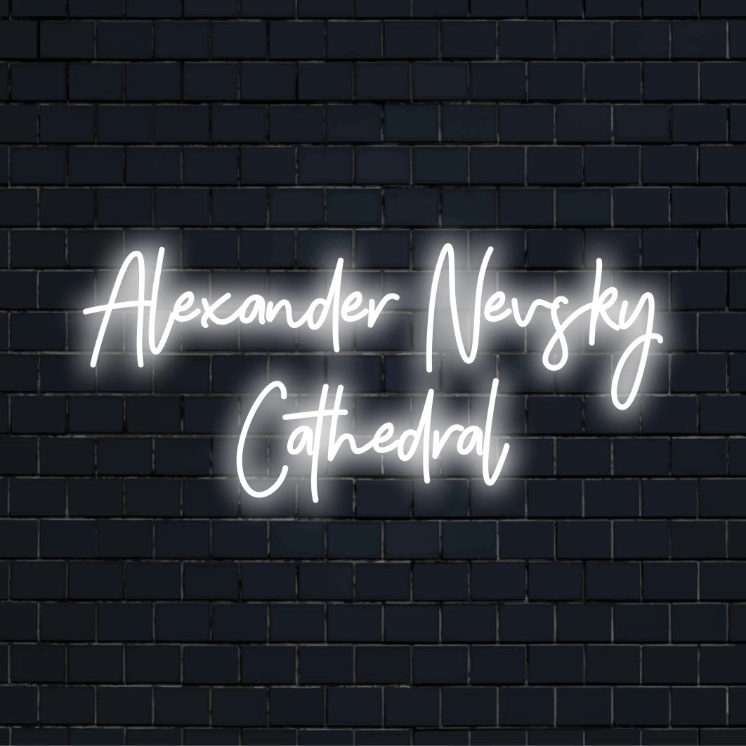 Alexander Nevsky Cathedral LED Neon Sign, glowing lettering on dark brick background