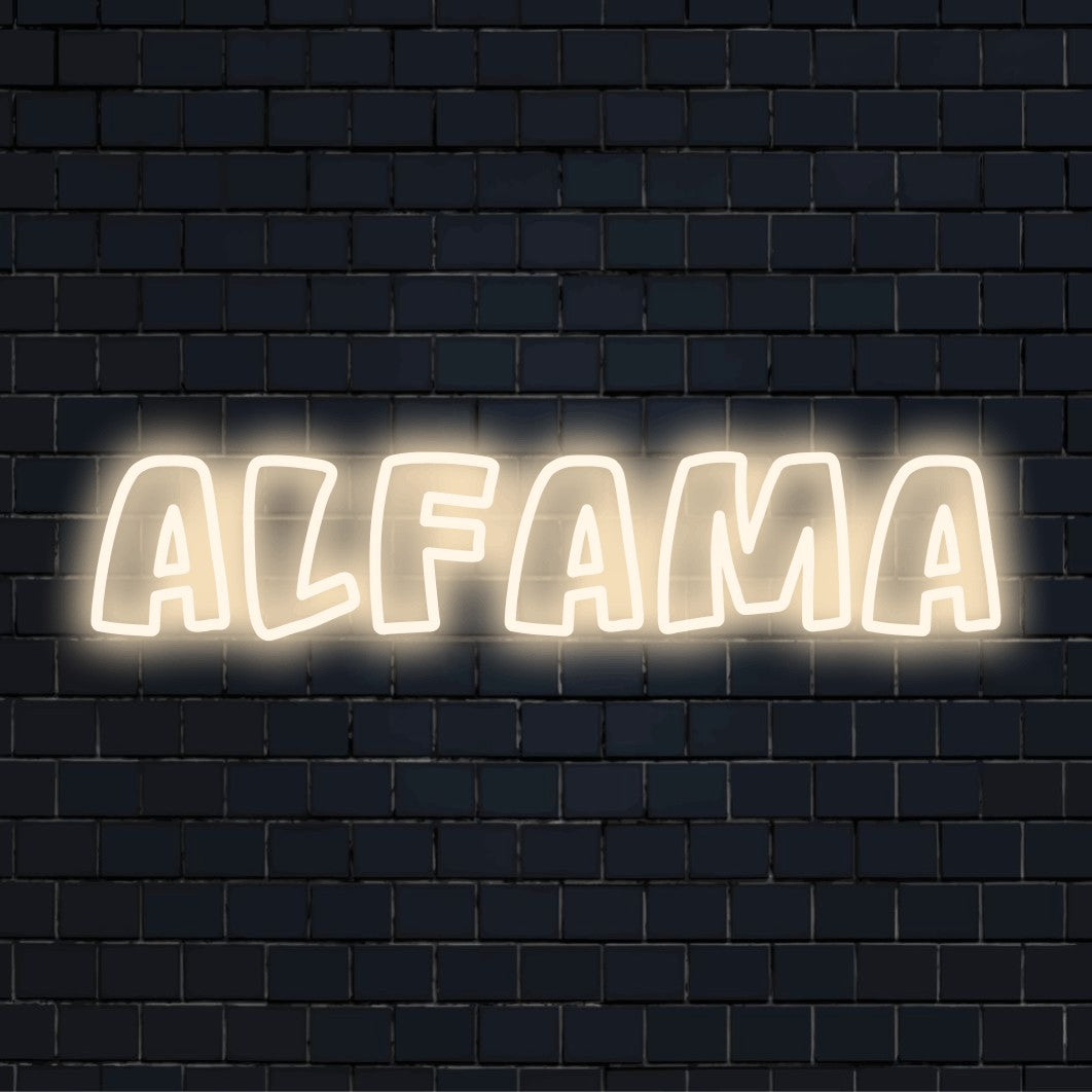 Alfama LED Neon Sign, neon text light on black brick background